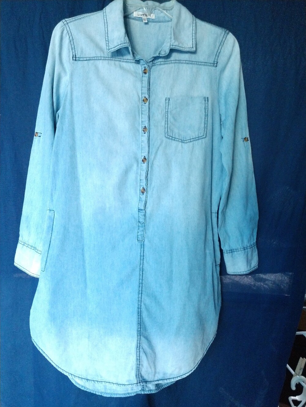 Ombre Chambray Shirt Dress Blue Pockets Long Tab Sleeve Liv 4 Truth Size Large